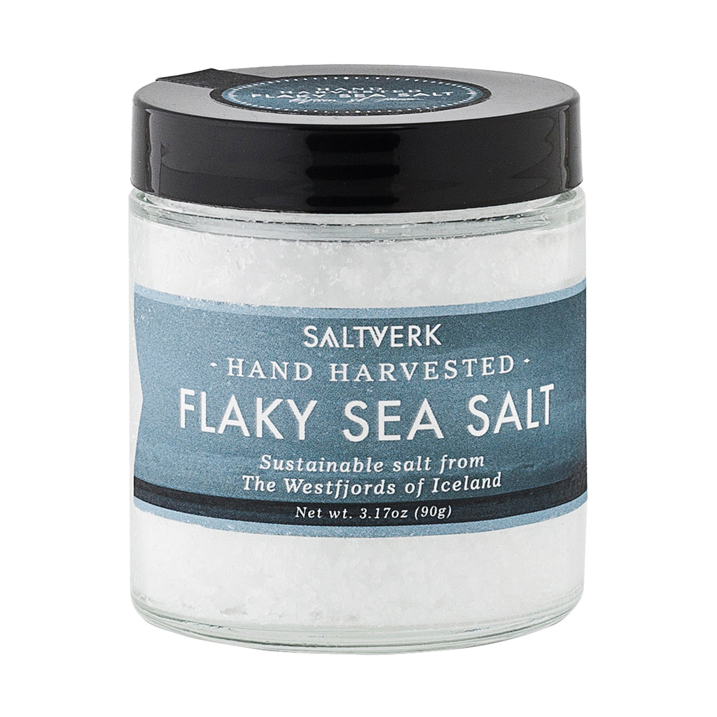 A bottle of Saltverk Pure Flaky Sea Salt 90g from the healthy food grocery 