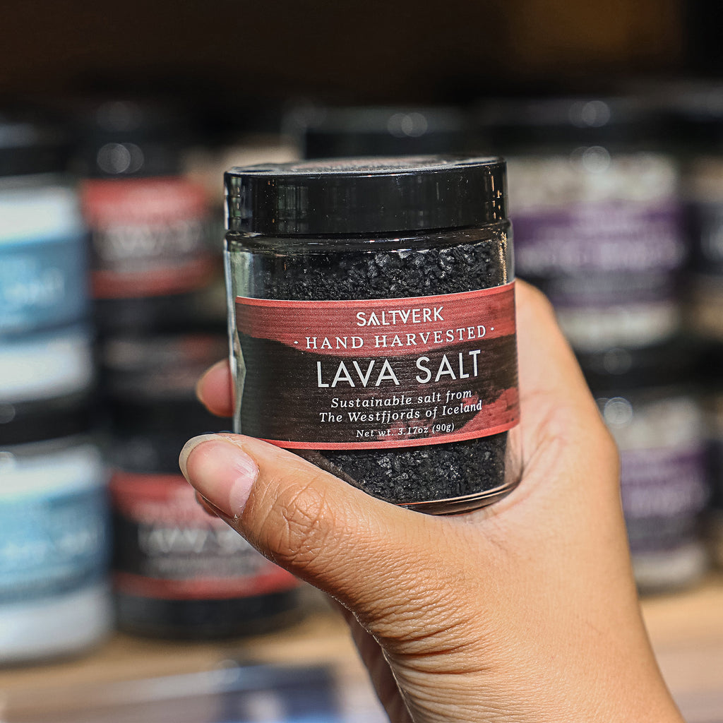 A bottle of Saltverk Lava Salt 90g in grocery
