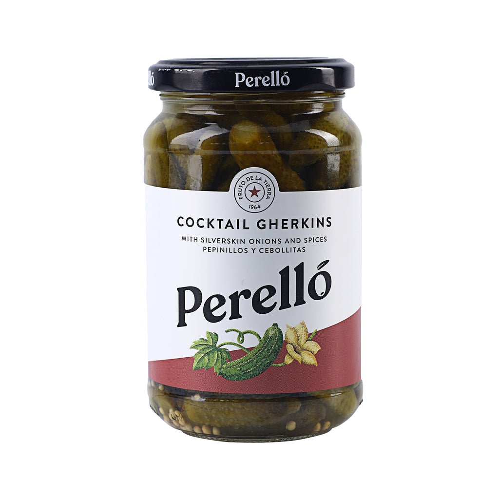 A bottle of Perello Cocktail Gherkins 370g from the healthy food grocery