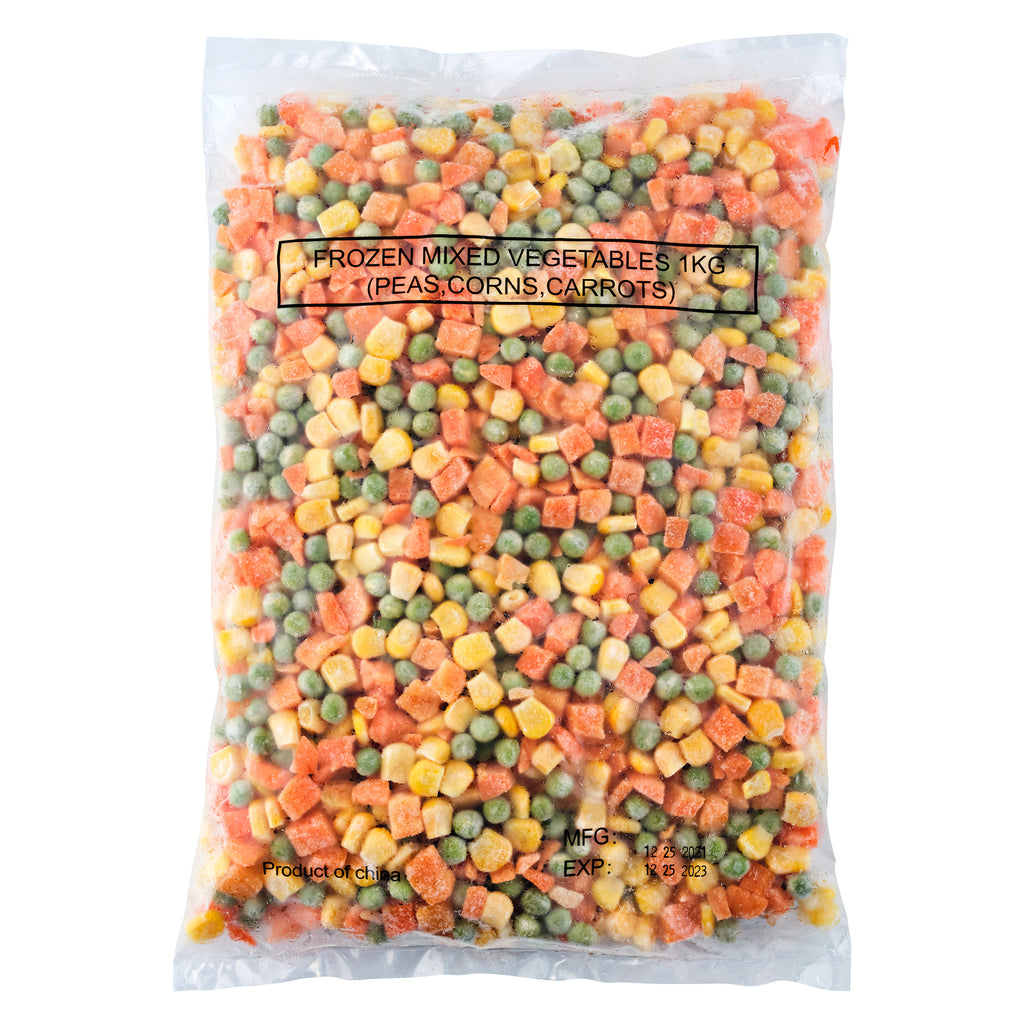 A pack of One World Deli Frozen Mixed Peas, Corn & Carrots 1kg