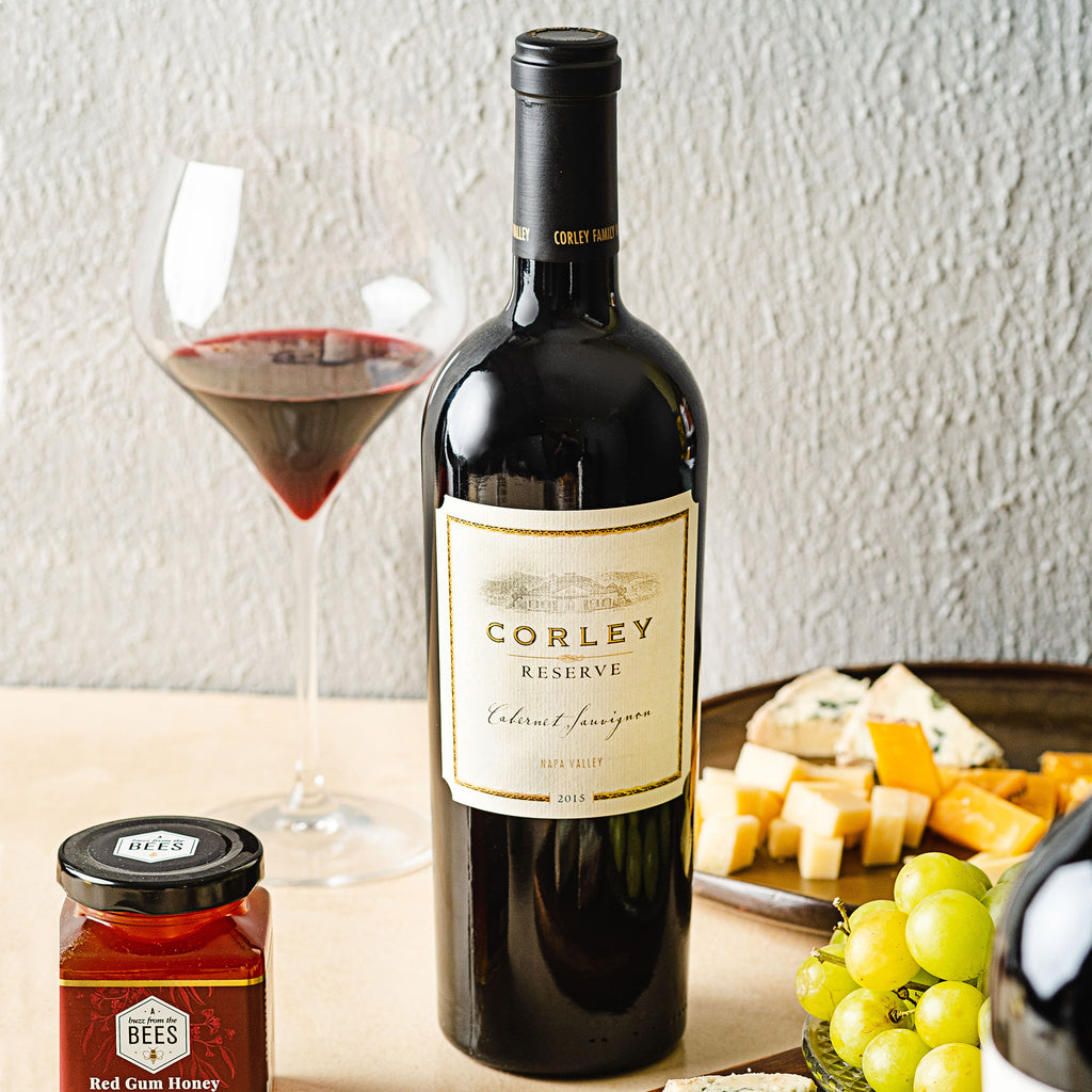 Premium red wine, Corley Cabernet Sauvignon Reserve 2015, with charcuterie board