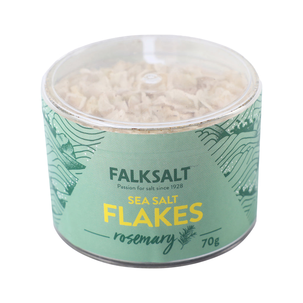 A can of Falksalt Rosemary Sea Salt Flakes in 70 grams, label