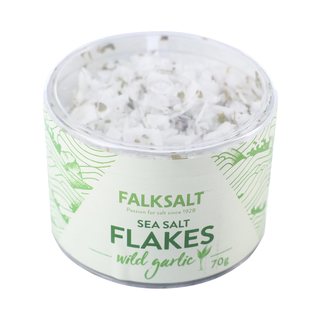 A can of Falksalt Wild Garlic Sea Salt Flakes in 70 grams, label
