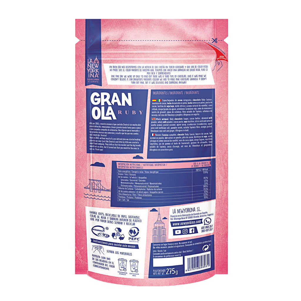A pack of La Newyorkina Ruby Gluten-free Granola in 275g ingredients