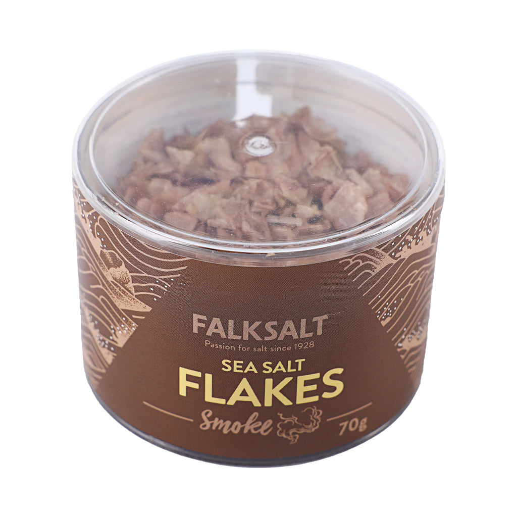 A can of Falksalt Smoke Sea Salt Flakes in 70 grams, label