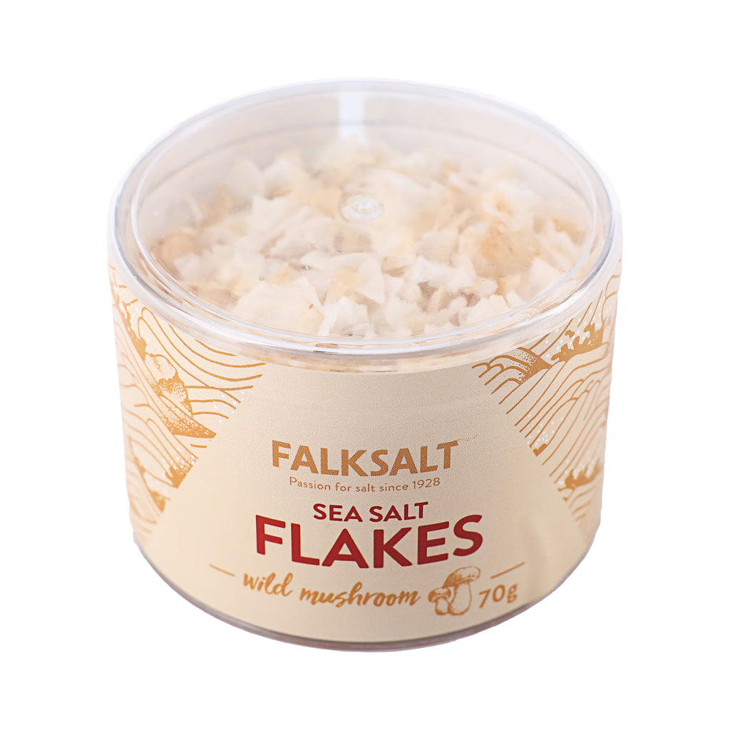 A can of FFalksalt Wild Mushroom Sea Salt Flakes in 70 grams, label