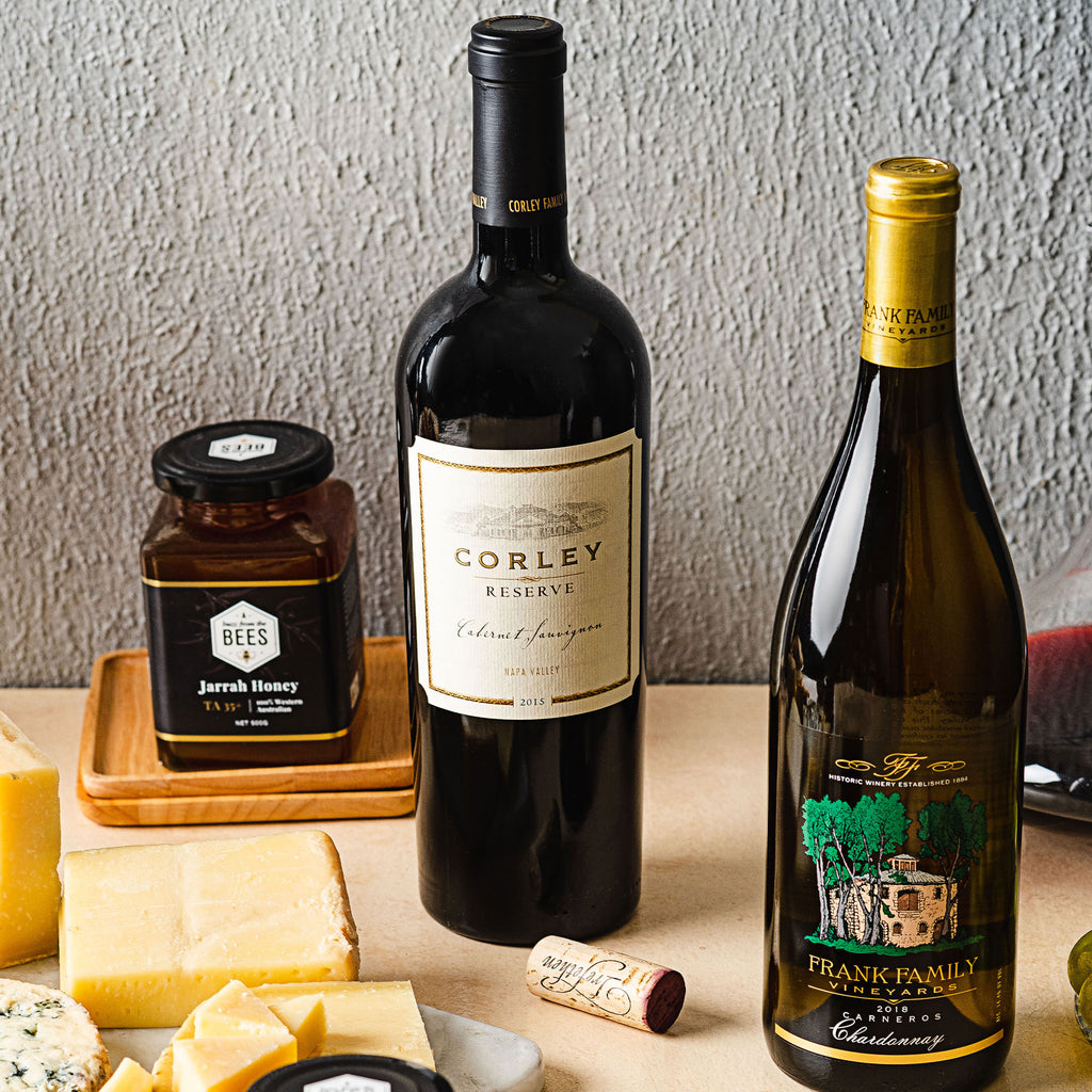 Premium red wine, Corley Cabernet Sauvignon Reserve 2015, with sliced imported cheese