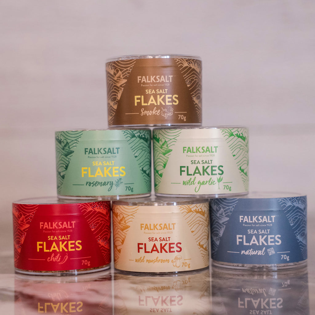A can of Falksalt Natural Sea Salt Flakes in 70 grams, with other premium variants