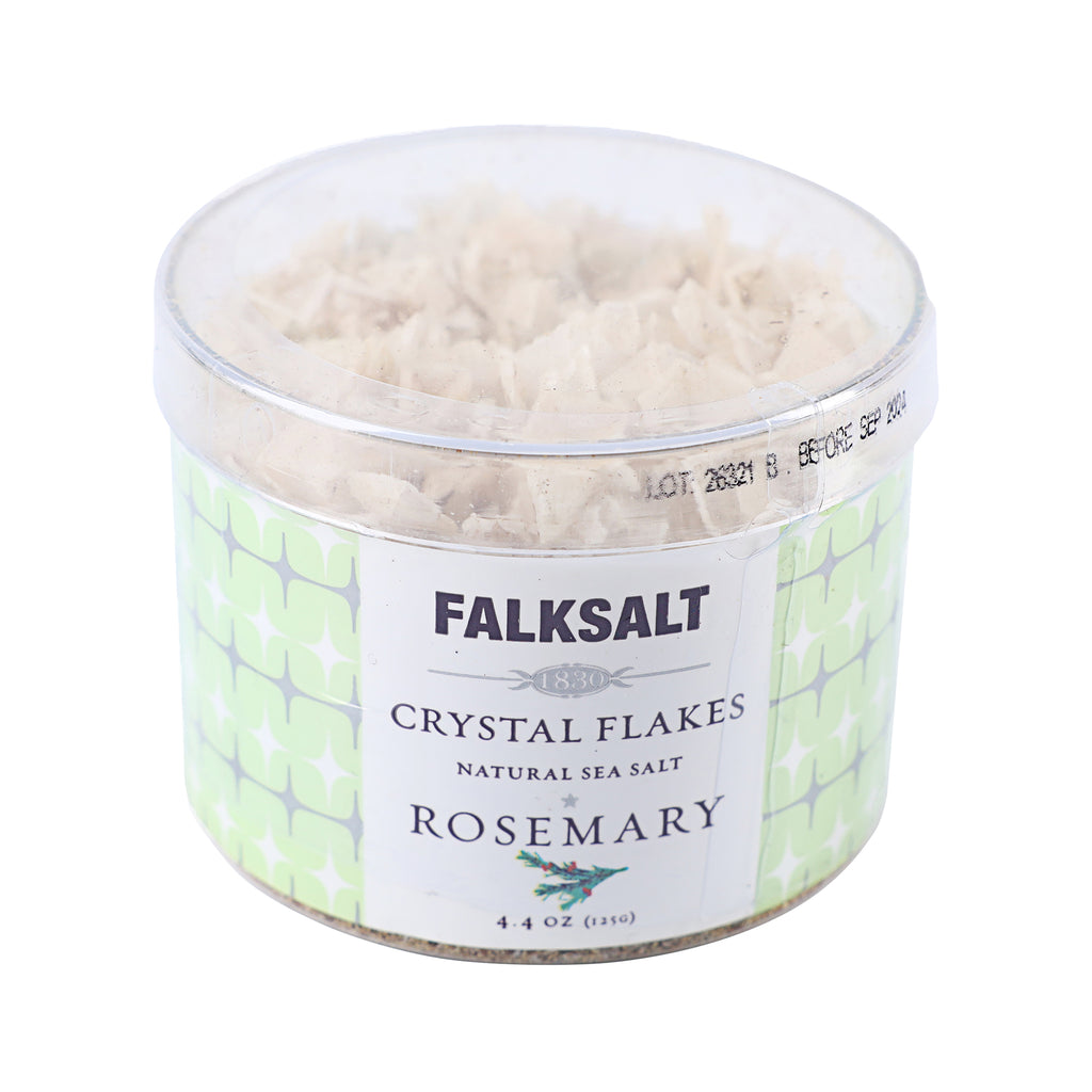 A can of Falksalt Rosemary Sea Salt Flakes in 125 grams, label