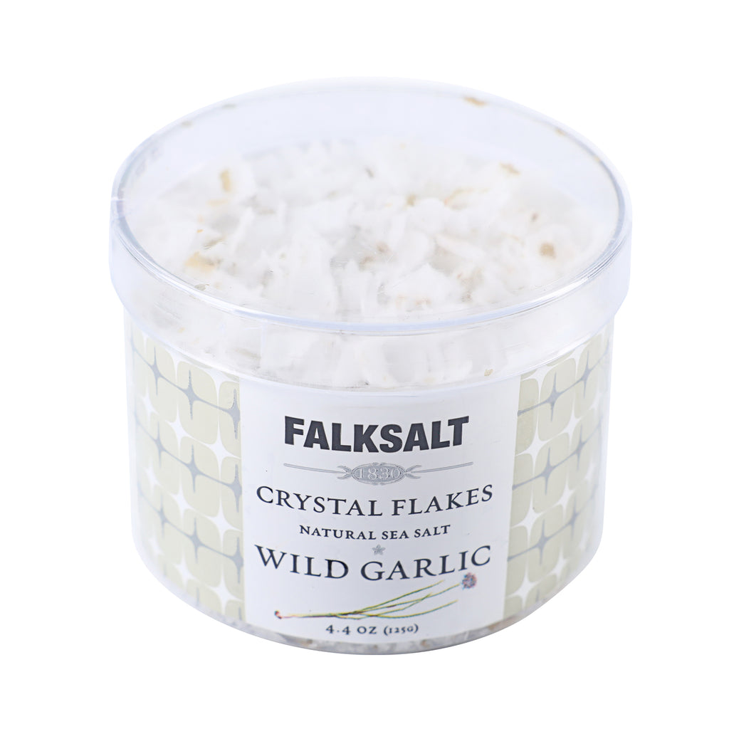 A can of Falksalt Wild Garlic Sea Salt Flakes in 125 grams, label
