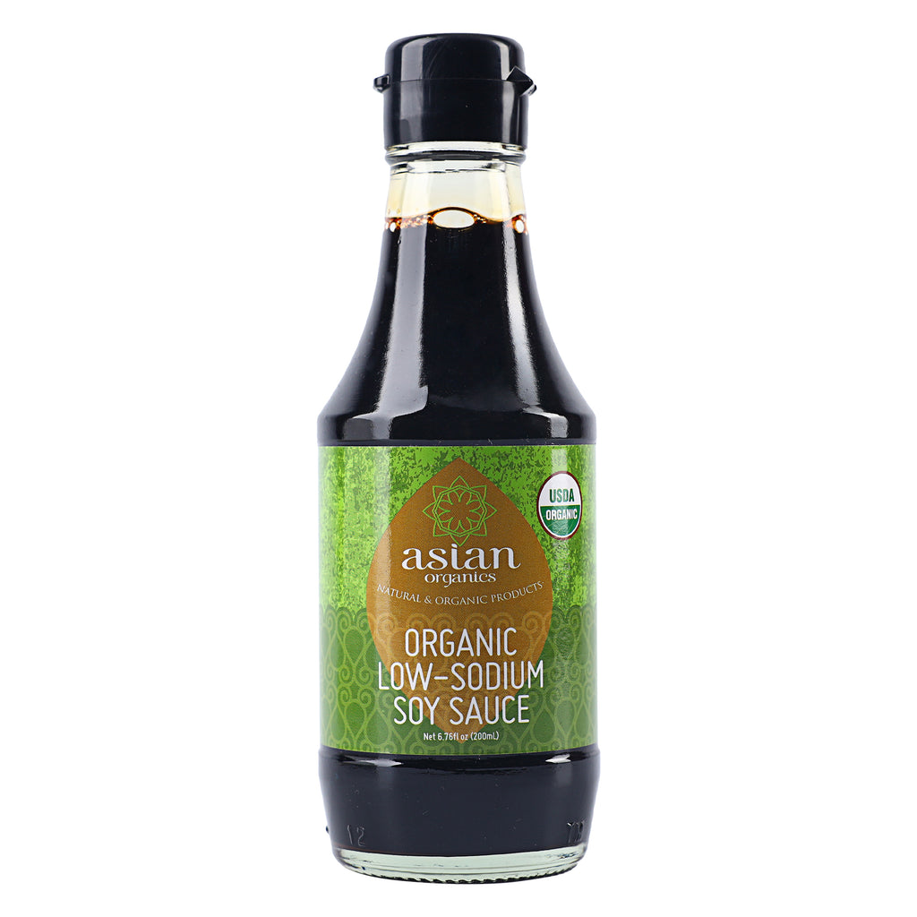 A bottle of Asian Organics  Low Sodium Soy Sauce in 200ml from the healthy food grocery