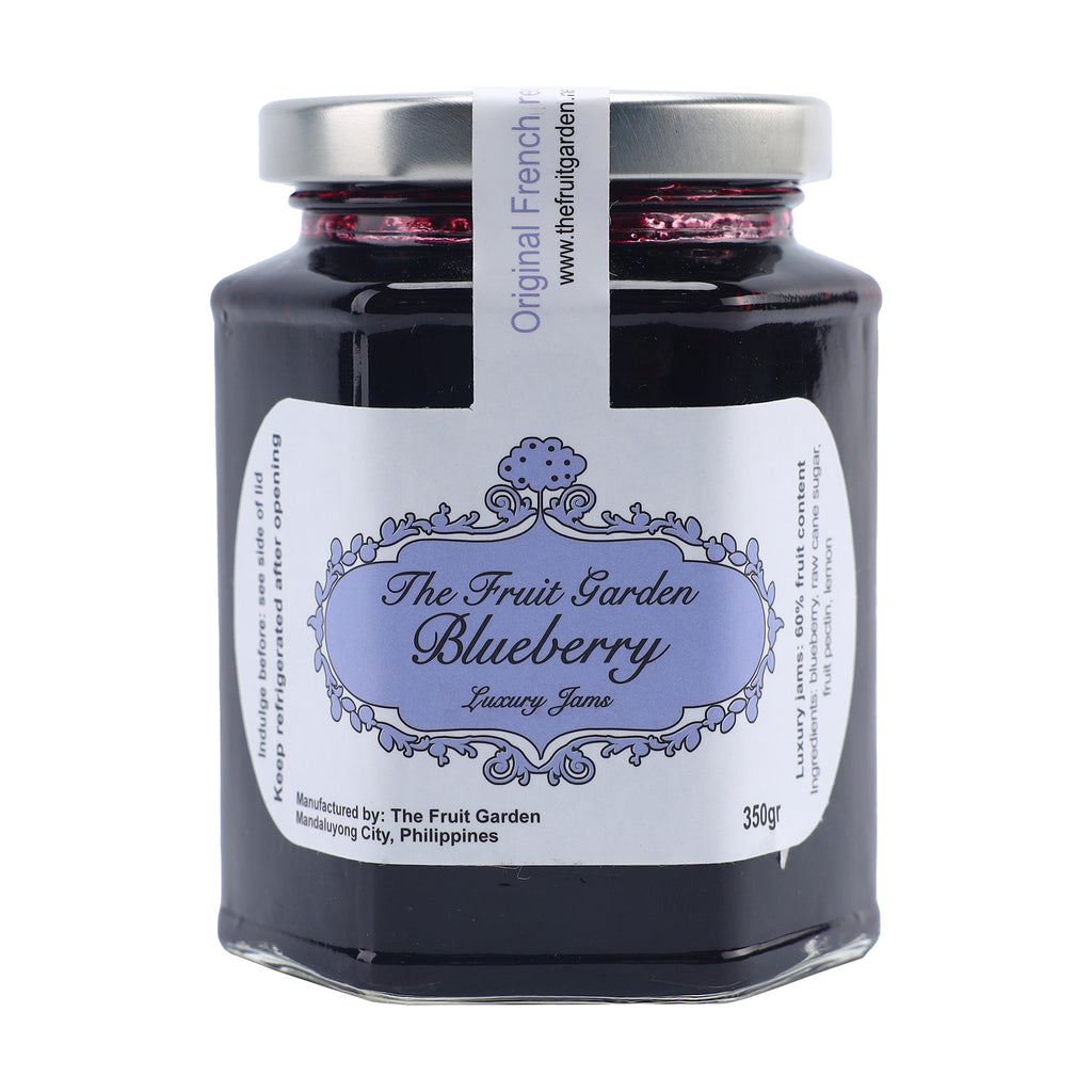 A bottle of The Fruit Garden Blueberry Jam 350g from the healthy food grocery