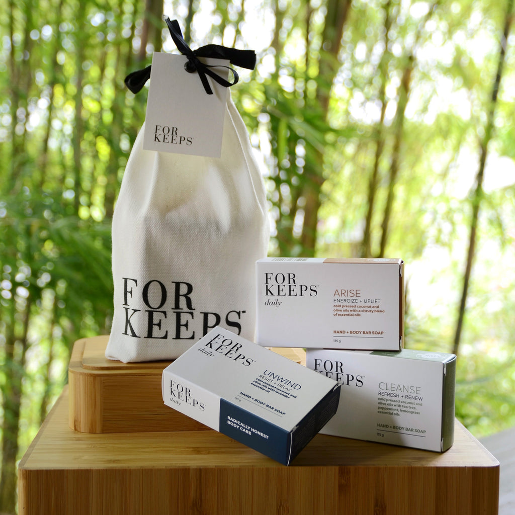 For Keeps Arise, Unwind, and Cleanse Hand + Body Bar Soap with canvas pouch
