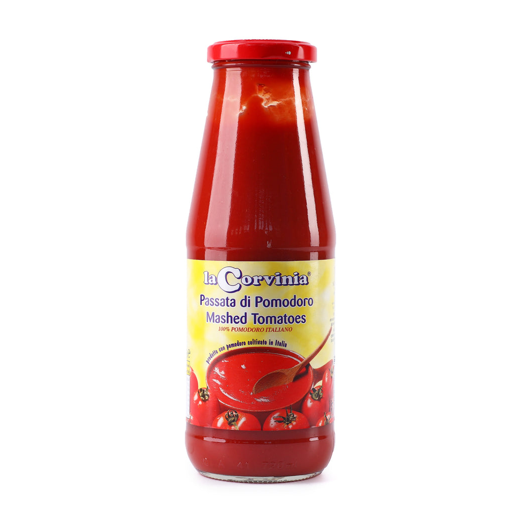 A bottle of La Corvinia Mashed Tomatoes in 680g from the healthy food grocery