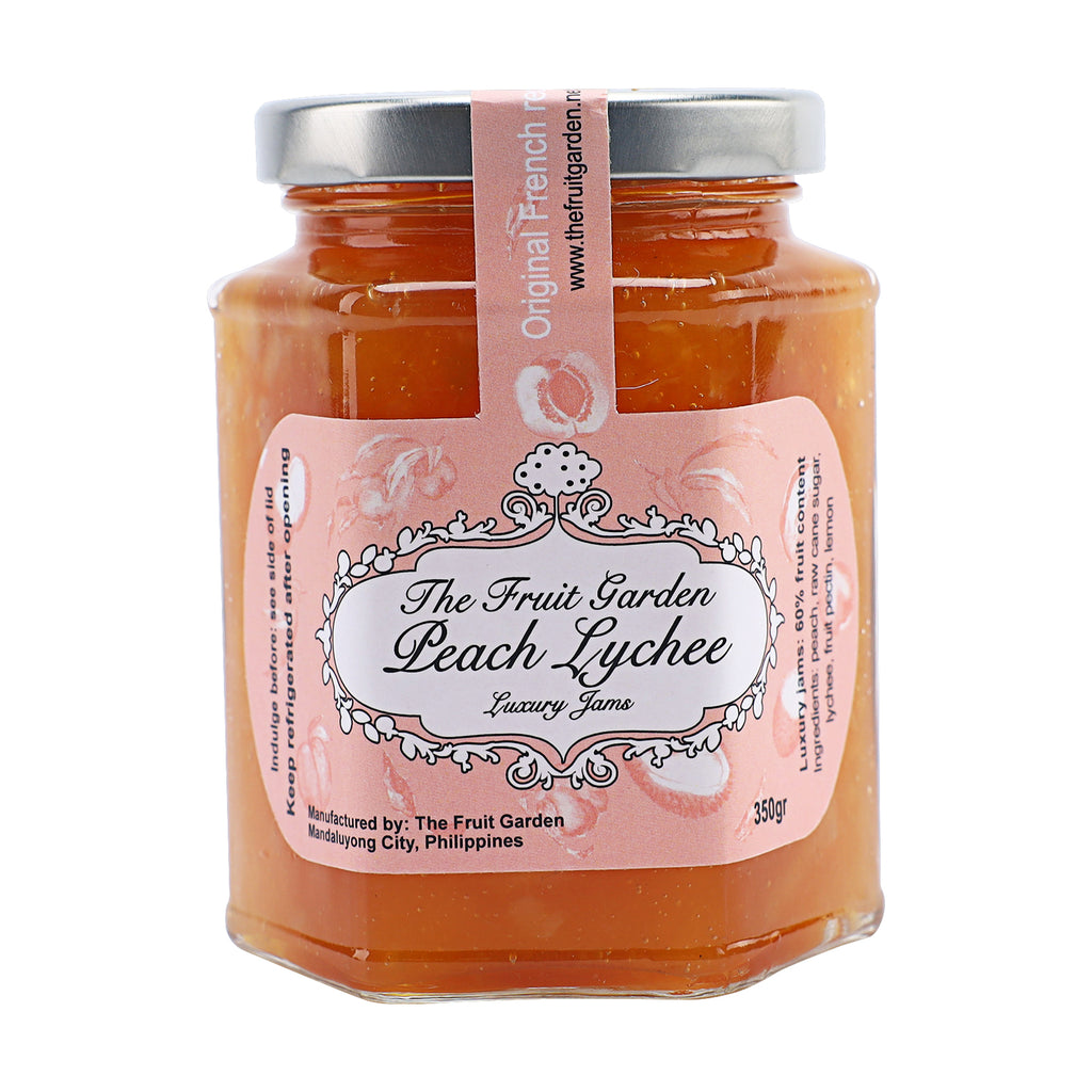 A bottle of The Fruit Garden Peach Lychee Jam 350g from the healthy food grocery
