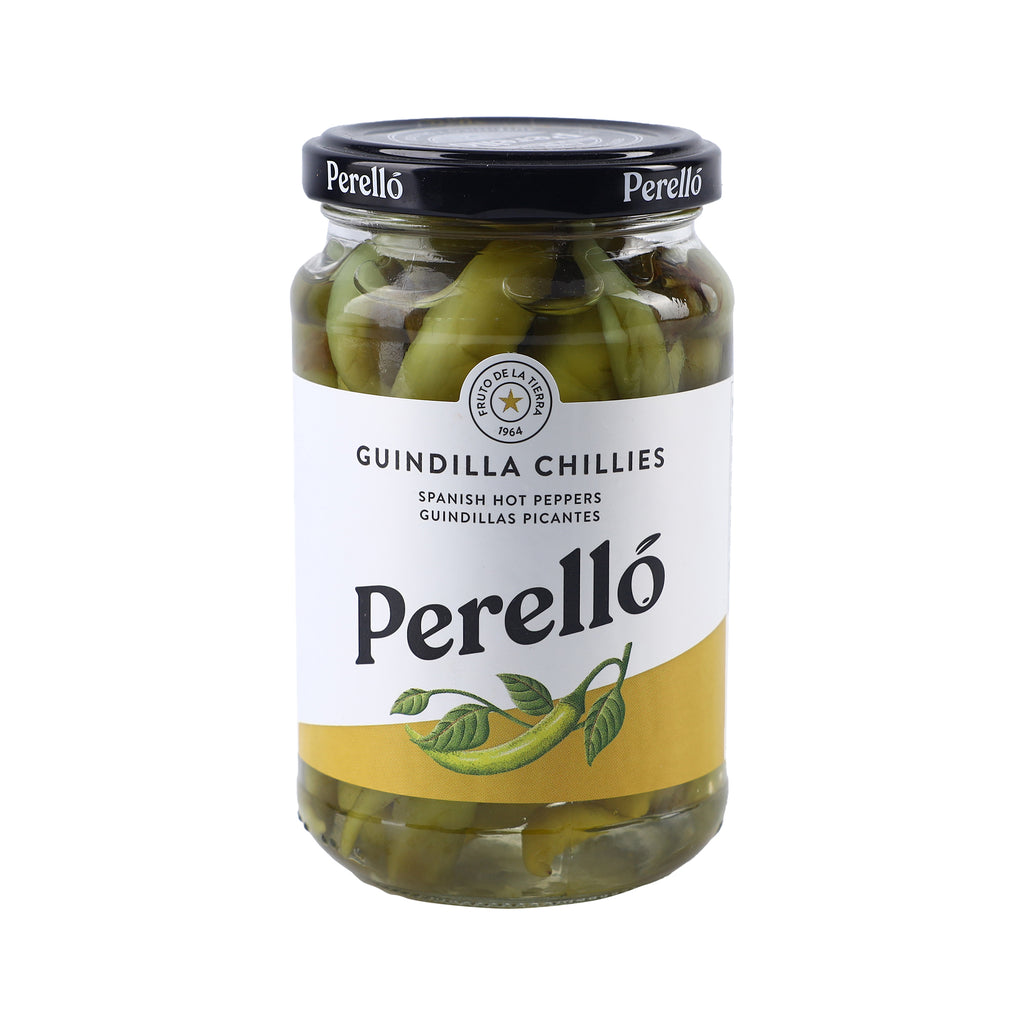 A bottle of Perello Green Chili Peppers 370g from the healthy food grocery