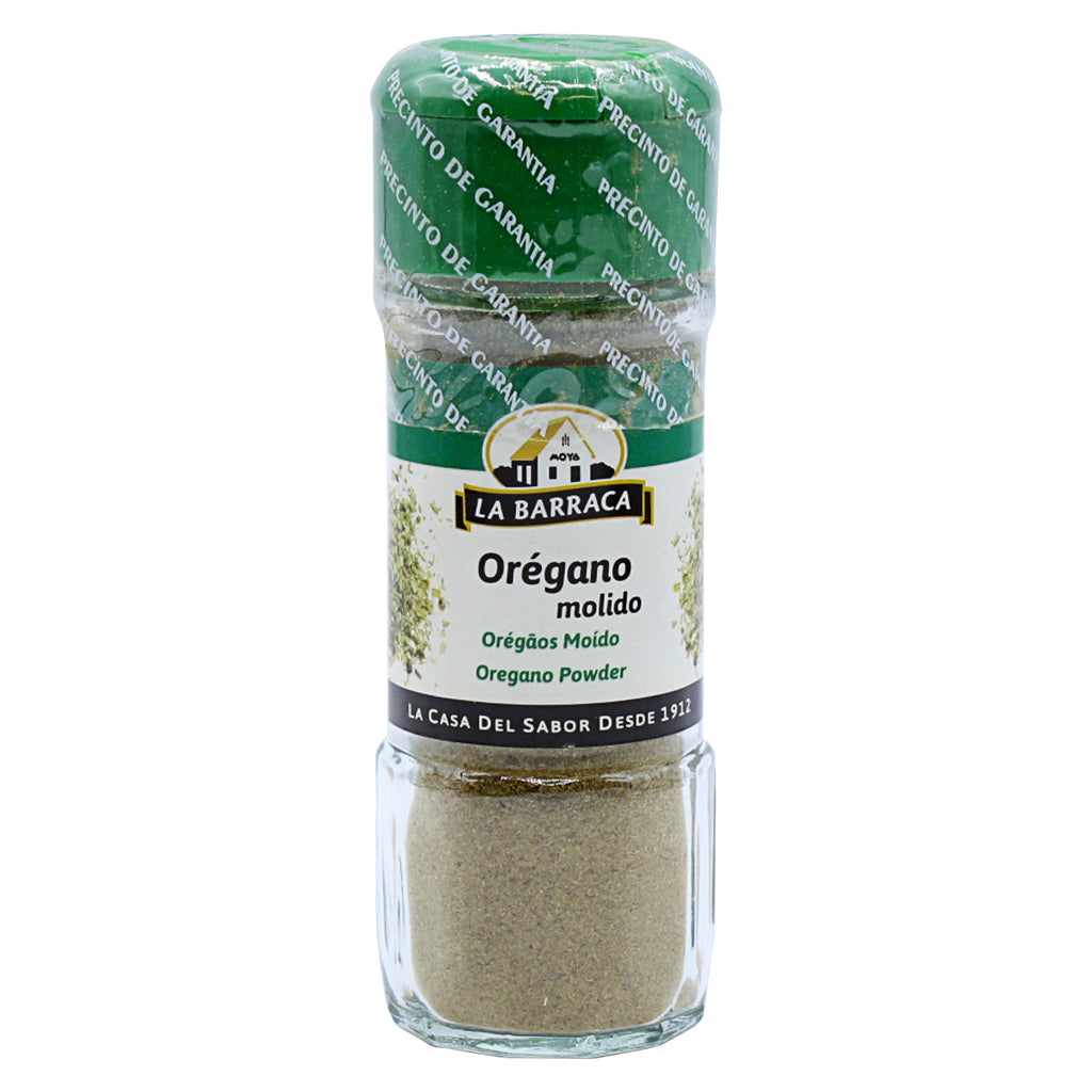 A bottle of La Barraca Oregano Leaves Ground in 24g from the healthy food grocery