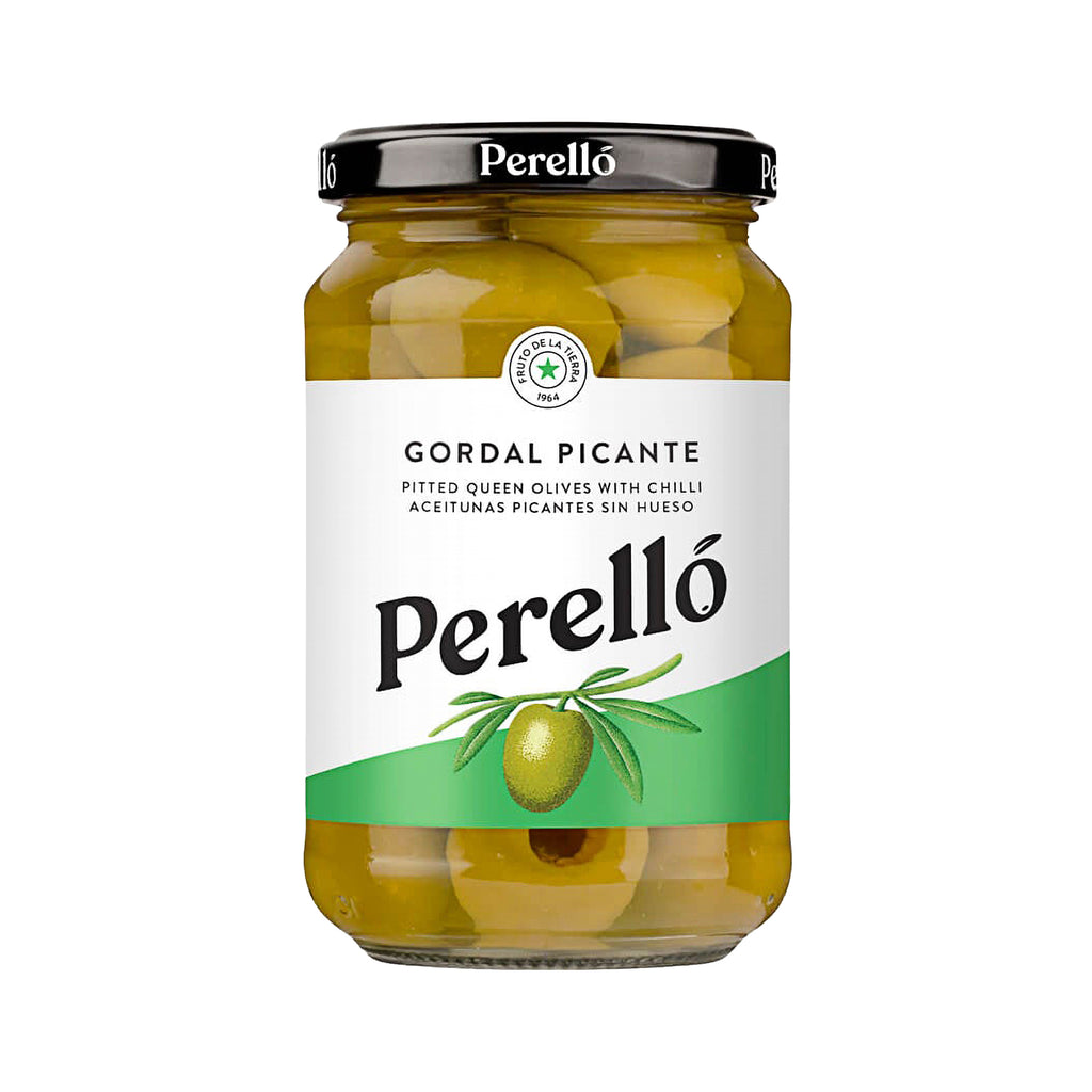 A bottle of Perello Spicy Manzanilla Olives 370g from the healthy food grocery